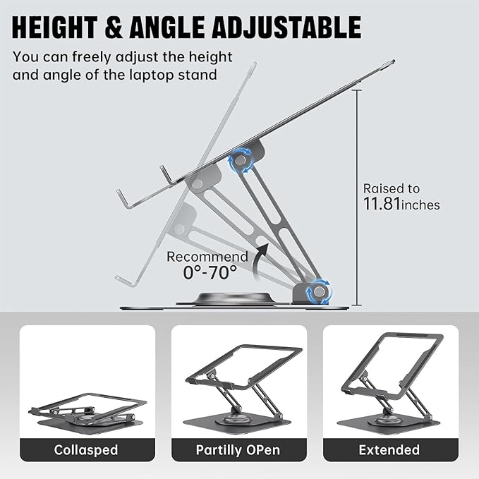 JOYEKY Laptop Stand for Desk, Adjustable Computer Stand with 360° Rotating Base, Ergonomic Laptop Riser for Collaborative Work, Foldable & Portable Laptop Stand, fits for All 10-16" Laptops (Grey)