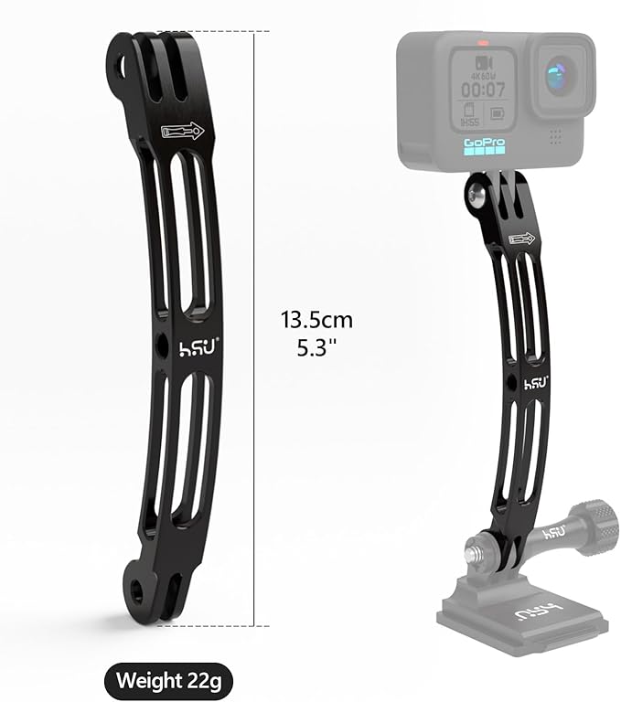 HSU Aluminum Alloy Curved Extension Arm (5.3”) Metal Pole Mount Helmet Stick Extension Arm Mount for GoPro Hero 13/12/11/10/9/8/7/6 Black, DJI Osmo Action 5 Pro/4/3 and More Action Cameras (Black)