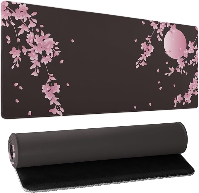 Sakura Cherry Blossom Extended Gaming Mouse Pad Non-Slip Rubber Base Pink Large Mousepad 31.5x11.8in with Stitched Edge Waterproof Flower Keyboard Pads Black Desk Laptop Mats for Work/Game/Office