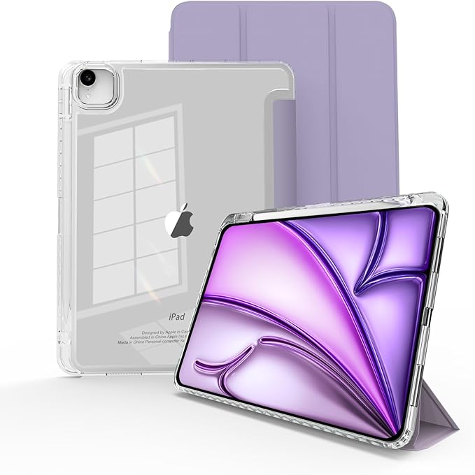 Case for iPad Air 13 inch 2024/2025/2026 M4/M3/2,Slim Smart Cover for 2022 iPad Pro 12.9 inch (4/5/6th Gen) with Pencil Holder,Trifold Stand with Clear Back Shell,Gentle Purple