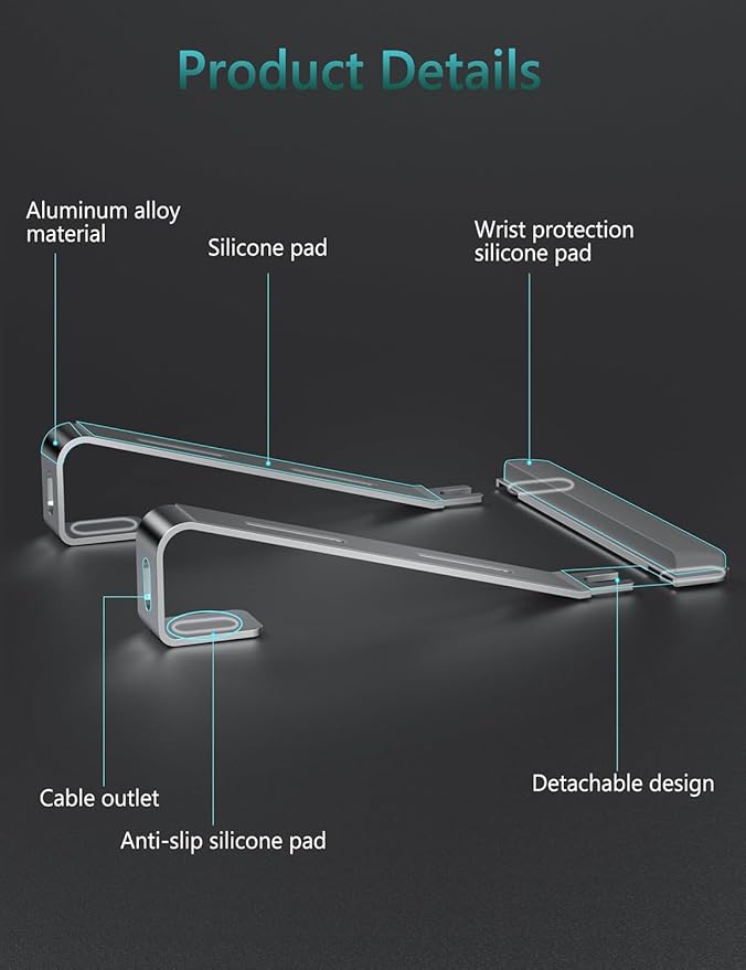 JCZT Aluminum Laptop Stand, Notebook Stand with Wrist Rest, Ergonomic Detachable Laptop Mount, Computer Stand Compatible with 10-17'' All Laptops Such as MacBook Air Pro/HP/Dell/Lenovo, Silver