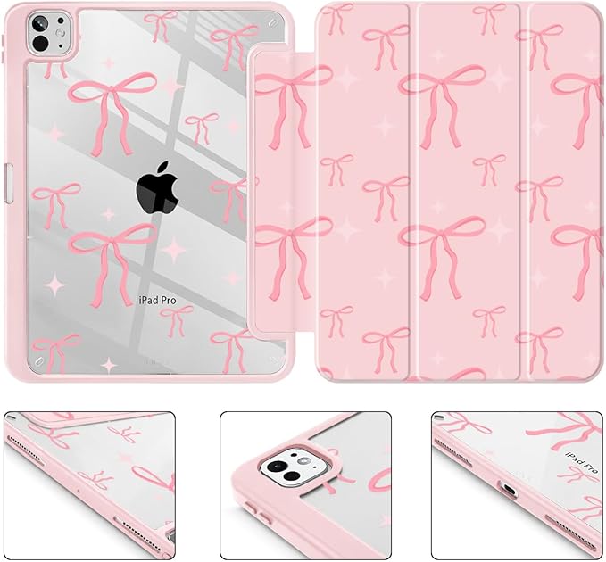 May Chen for iPad Pro 13 Inch Case M5 2025 / M4 2024, Built Pencil Holder & Clear Transparent Print Back Shell Slim Stand Shockproof Tablet Cover, Auto Wake/Sleep, Pink Bows P721