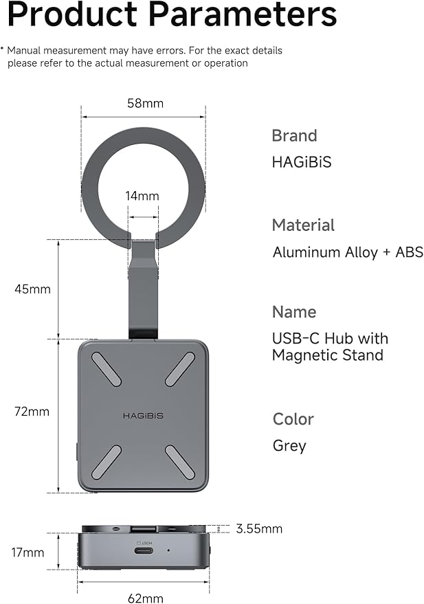 Hagibis Magnetic USB C Hub with Magsafe Stand Holder for iPhone 17 16 15 Pro Max, Portable Type-C Docking Station 100W PD, 4K@60Hz HDMI, 10Gbps USB3.2, SD/Micro SD4.0 (CMC10H)