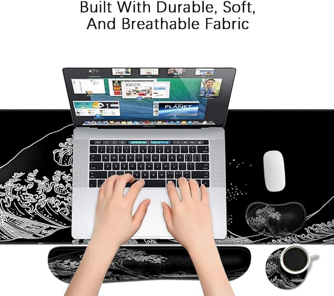 MIBITRI Keyboard Mouse Pad Set, Extended Gaming Mouse Pad+Ergonomics Keyboard Wrist Rest Support, Memory Foam, Easy Typing Pain Relief, 4Pcs XXL Ultra Thick Desk Mat, Japanese Wave