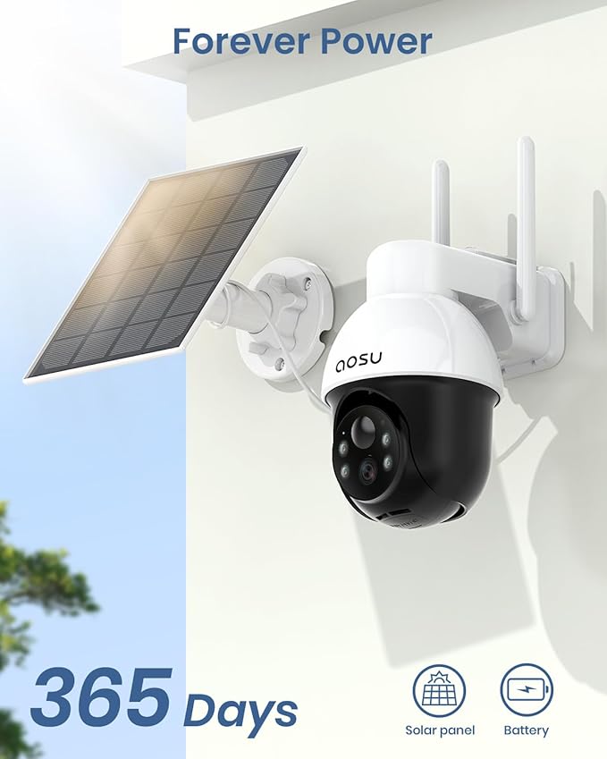 aosu Solar Security Camera Wireless Outdoor with Panoramic PTZ, Human Auto Tracking, 2K Night Vision, Light and Sound Alarm, 2-Way Audio, Works with Alexa/Google Assistant for Home Surveillance