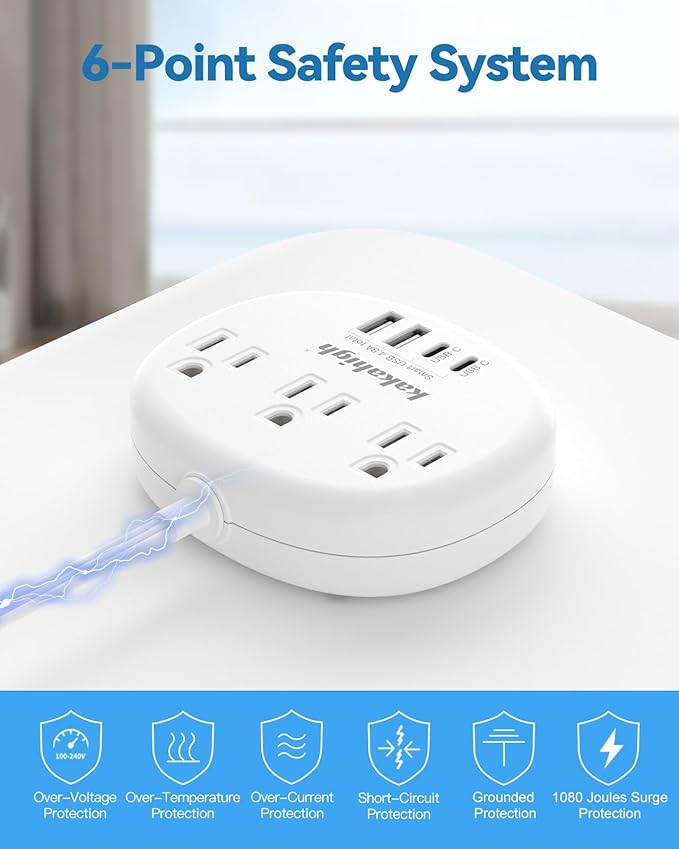 Power Outlet Relocator with Adhesive- 5 FT, 1625W Wall Mounted Extension Cord with 3 AC Outlet 4 USB (24W/4.8A), Peel and Stick Outlet for Easy Access to Low-Floor Socket