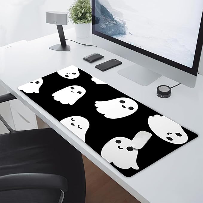 Halloween Cute Ghost Mouse Pad Large Kawaii Cartoon Spooky Funny Spirit Extended Desk Mat Non-Slip Rubber Base Stitched Edge Large XL Black White Mousepad for Desk Gaming Laptop Desktop,24x14 Inch