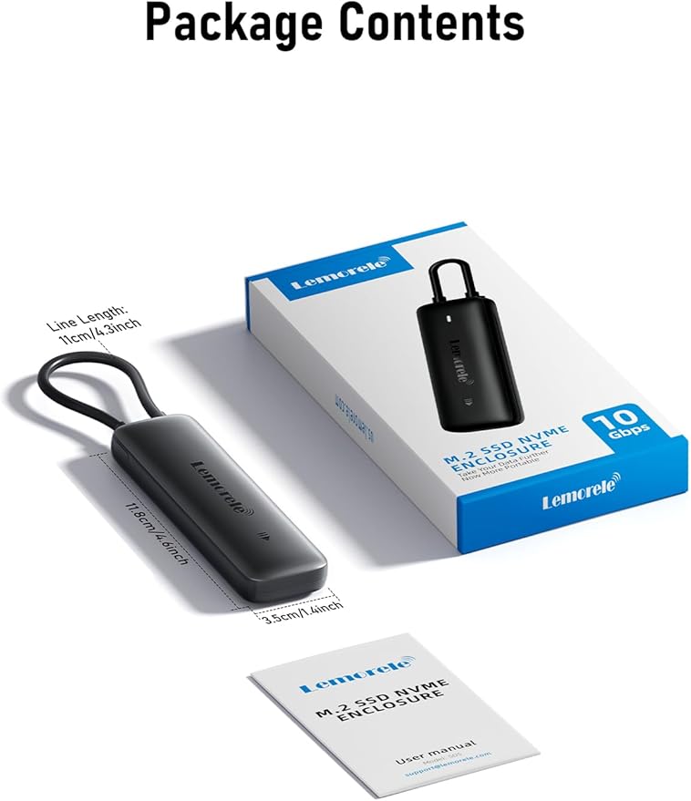 Lemorele M.2 NVMe Enclosure, USB 3.2 Gen2 10Gbps Tool-Free, SSD Enclosure for PCIe M-Key, Nvme USB Adapter Support UASP Trim for 2280 2260 2242 2230, Up to 4TB, (Sata NOT Supported)