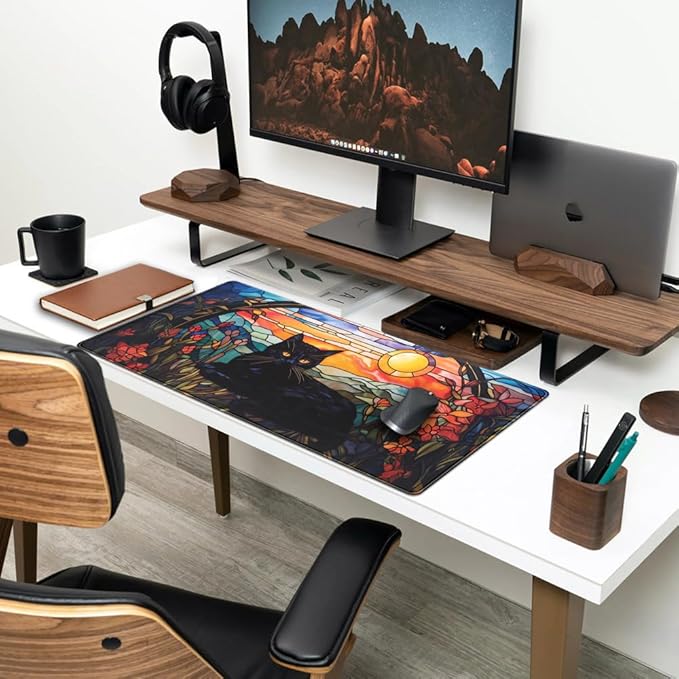 Mechanical Cattle Black Cat Desk Mat Vintage Sunset XXL Large Mouse Pad Laptop Desk Mousepad with Stitched Edges, Keyboard Pad Mouse Mat for Work Game Office Desk Accessories 31.5x15.7 in