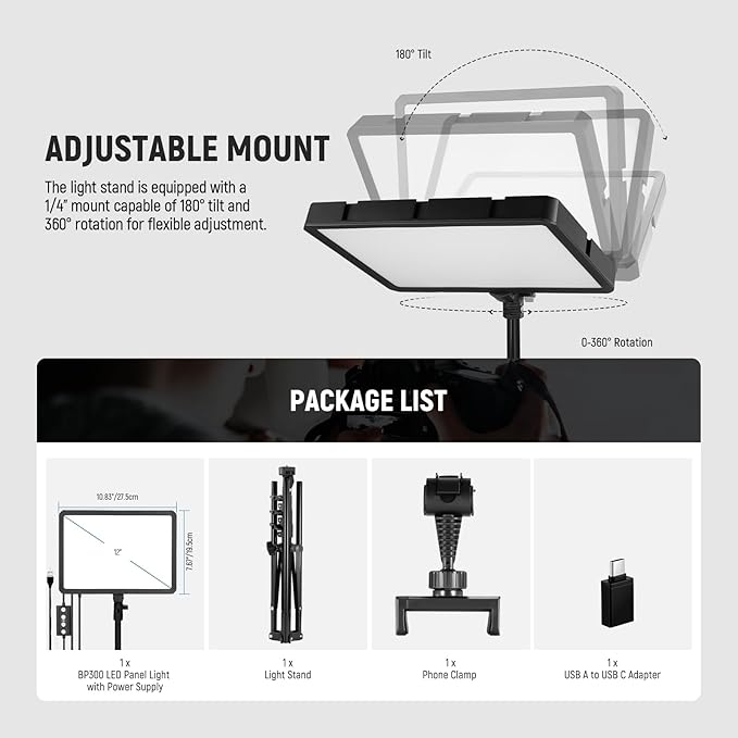 NEEWER Basics LED Video Panel Light, Studio Lighting Kit with 59''/150cm Tripod Stand Phone Holder for Video Recording Photography Streaming Podcast, 850lx/0.5m Bi Color 2700-6500K Dimmable, BP300