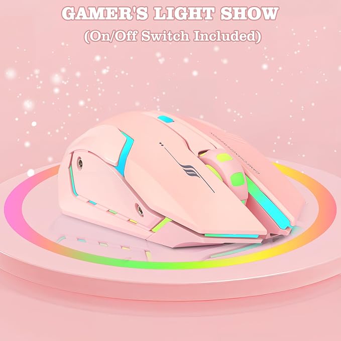 Wireless Gaming Mouse, Rechargeable Wireless Computer Mouse with Type-C Fast Charging, Ergonomic Mouse with 3 Adjustable DPI, 6 Silent Buttons, LED Light, Long Battery Life for Laptop, PC, Mac (Pink)