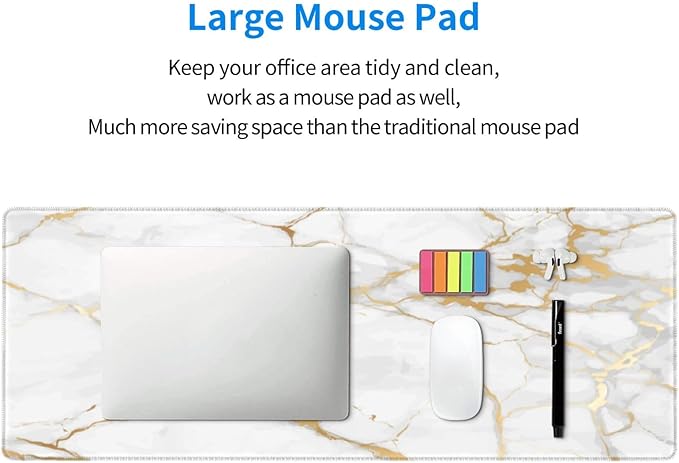 White and Gold Marble XL Large Mouse Pad with Stitched Edges Long Non-Slip Rubber Base Mousepad Laptop Keyboard Mat Desk Pad for Office Home Desk Decor, 31.5" X 11.8"