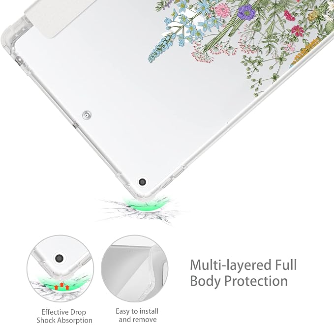 Case for iPad 9th/8th/7th Generation, Case for iPad 9th Generation 10.2 Inch with Pencil Holder, cases for iPad 8th Generation Tri-fold Cover Multi-Angle View Adjustable Stand Auto Wake/Sleep, Flowers