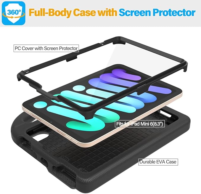 SUPLIK Kids Case for iPad mini 7 (A17 Pro) 2024 & iPad mini 6 2021, 8.3-inch iPad mini 6th/7th Generation Case with Screen Protector, Durable Shockproof Kids Cover with Handle Stand, Black