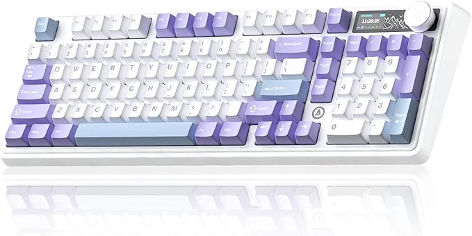 AK980 97Keys Tri-Mode Full Mechanical Keyboard, Gasket-Mounted, Hot-Swappable, 1.14” TFT Smart Display, Bluetooth 5.1/2.4G Wireless/Wired, PBT Keycaps RGB Backlit (Purple, Gift Linear Switch)