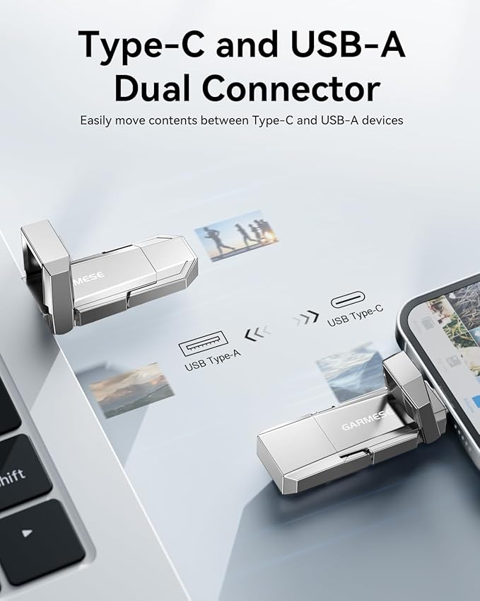 USB C SSD Flash Drive 512GB Up to 450MB/s, External SSD Type C+ USB A USB 3.2 Dual Ports Portable Metal Thumb Drive Stick 2-in-1 External Drive for iPhone 17/16/15 Series/Mac/Android Phone