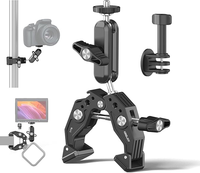 KINGJOY Super Clamp with 360° Magic Arm Double Ball Head, 1/4"-20 & 3/8"-16 Thread Camera Mount Adapter for DSLR, Monitor, LED Light, Action Camera, Bike Handle - Aluminum Alloy