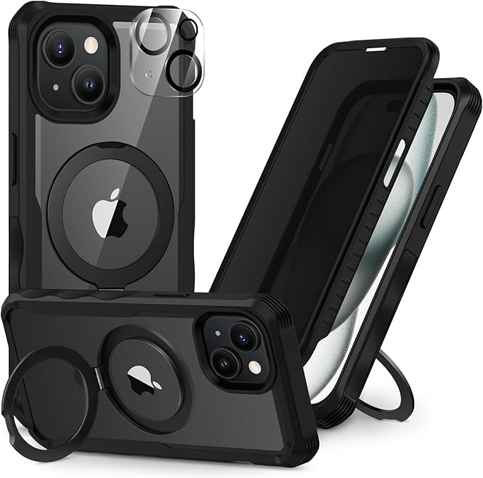 CENHUFO Privacy for iPhone 15 Plus Case, Full Body Phone Case [Compatible with Magsafe] Built-in 9H Tempered Glass Privacy Screen Protector and Magnetic Ring Stand, Clear Camera Lens Cover - Black