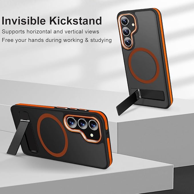 MALEWOLF Case for Galaxy S23 FE with 3 Modes Stand, Compatible with Magsafe, Color Hybrid Shockproof with Anti-Slip Edge, Matte Translucent Phone Case for Galaxy S23 FE (Black/Orange)
