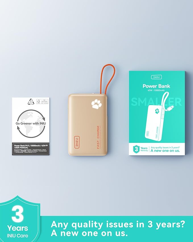 INIU 45W Power Bank, Fast Charging Portable Charger with Built-in USB C Cable, 10000mAh Small Type C Powerbank, Battery Pack for iPhone 17 16 15 14, iPad, Samsung S25 S24 etc Travel Camping, White