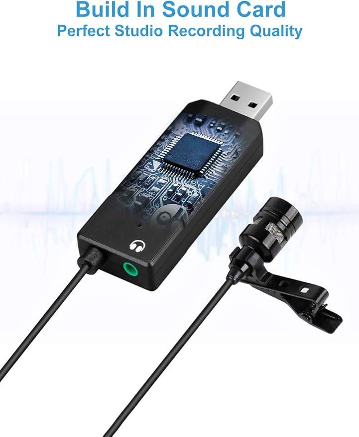 Fifine USB Lavalier Lapel Microphone, Clip-on Cardioid Condenser Computer Mic Plug and Play USB Microphone with Sound Card for PC and Mac-K053