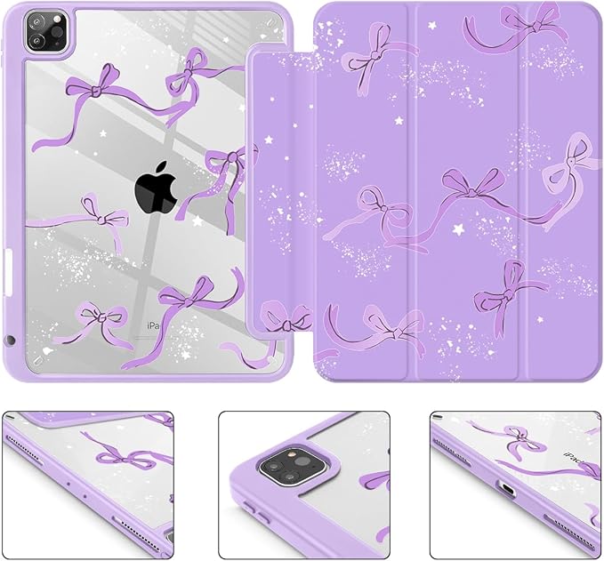 Tuiklol for iPad Pro 11 Inch 4th / 3rd / 2nd / 1st Gen (2022 2021 2020 2018) Case -Built-in Pencil Holder Shockproof Cover Clear Transparent Back Shell with Auto Wake/Sleep, Bow-Purple