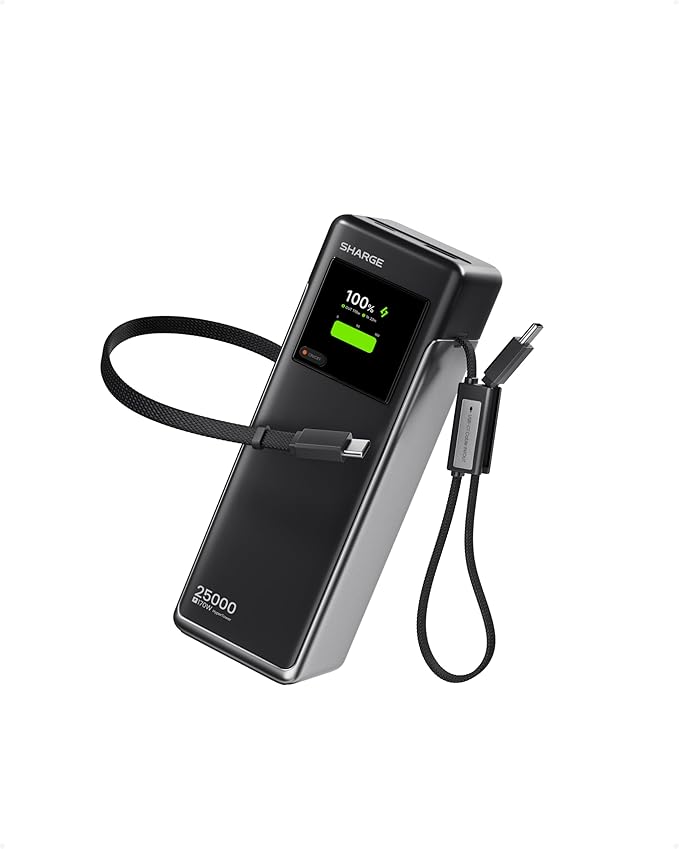 SHARGE Laptop Power Bank 25000mAh, HyperTower 170W Total Fast Charging Portable Charger, 100W USB-C Power Bank with Built-in Cables, High Capacity Travel Battery Pack for MacBook, iPhone17, Galaxy S26