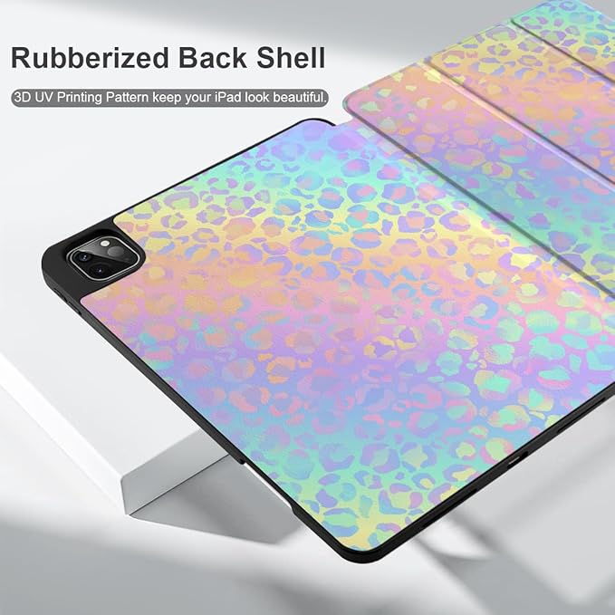 DONGKE Case for 2022/2021/2020/2018 iPad Pro 11 inch Gen 4/3/2/1 - Slim Protective Case - Built in Pencil Holder Support Charging - Trifold Stand & Sleep/Wake Cover - Colorful Leopard