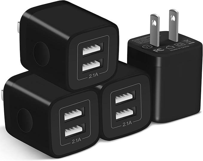X-EDITION USB Wall Charger, 4-Pack 2.1A Dual Port USB Cube Power Adapter Wall Charger Plug Charging Block Compatible with Phone 13 12 11 XS XR X 8 7 6S 6 Plus SE, Pad, Samsung, Android Phone (Black)