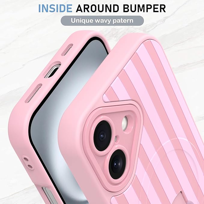 KANGHAR Compatible with iPhone 16 Case, Support for MagSafe, Silicone Stripes Cute Pattern, Wristband Kickstand Camera Protection Soft Slim Cover for Girls Women -Pink