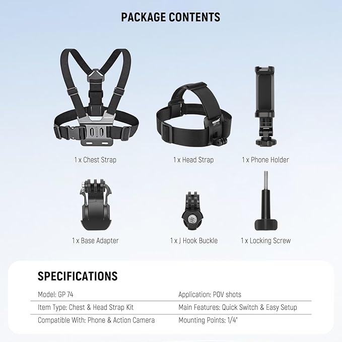 NEEWER Mobile Phone Chest Mount Head Strap Mount, Quick Release POV Vlog Accessory Kit for Video Recording, Compatible with iPhone GoPro Hero Insta360 DJI AKASO Action Camera, GP-74