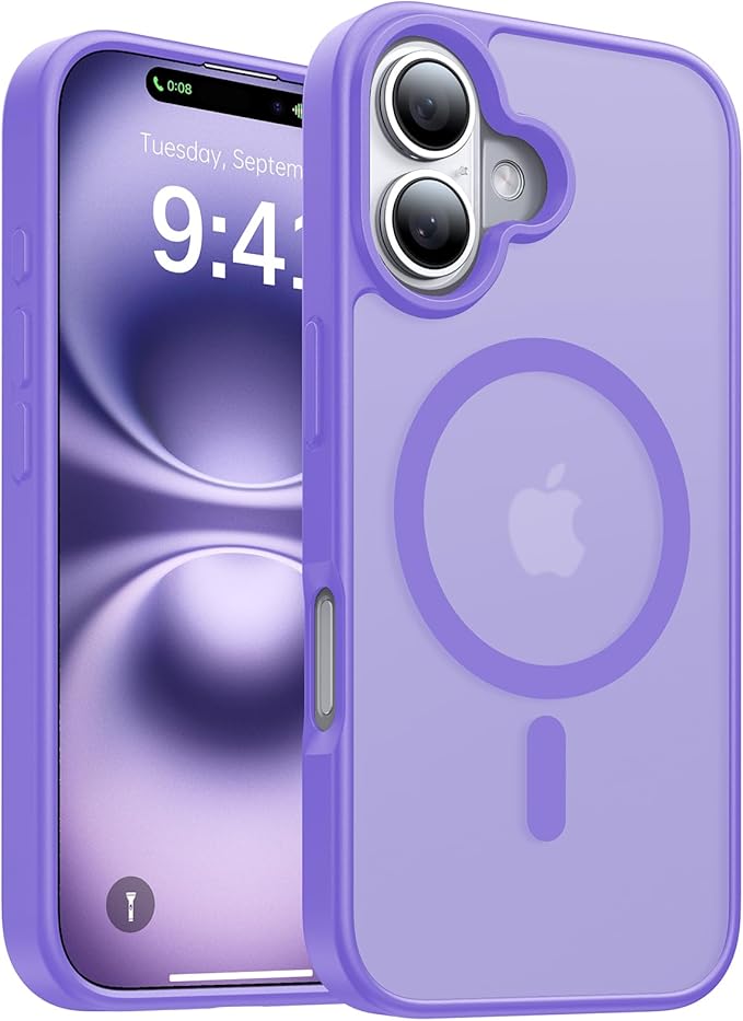 Magnetic for iPhone 16 Case, [Compatible with MagSafe][Military-Grade Drop Protection][Anti-Yellowing] Shockproof Protective Translucent Matte Cover for iPhone 16 Phone Case,Light Purple