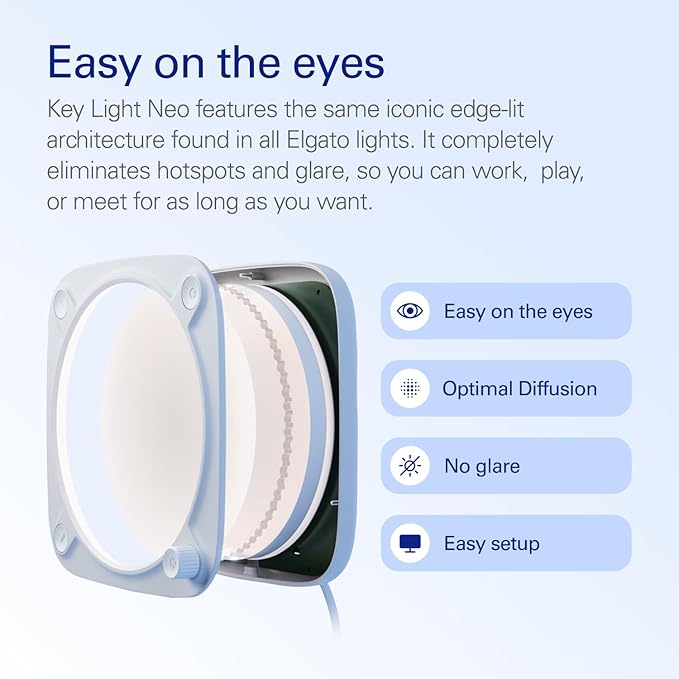 Elgato Key Light Neo (No Mount Included) - Professional Lighting for Video Calls & Streaming, Onboard or Wi-Fi Control, Mounting Point for Stands & Clamps - USB-Powered, Works on Laptop, PC, Mac