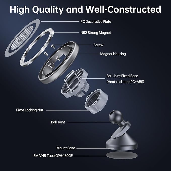SYNCWIRE for MagSafe Car Mount - Kevlar Material Magnetic Phone Holder for Car Dash,360° Rotation Strong Magnets Car Phone Holder Compatible iPhone 17 Pro Max Air 16 15 14 13, MagSafe Car Accessories