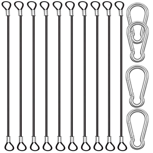10 Pack 20 Inch(50cm) Stainless Steel Tethers with 4 Pcs Spring Snap Hook Clips, Steel Wire Cable with Loops Vinyl Cover Coated Short Rope Lanyard Lock Tether Chains, Black