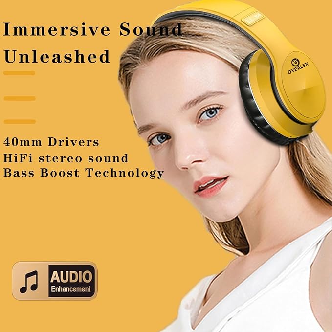 Active Noise Cancelling Headphones, Wireless Over Ear Bluetooth Headphones with Microphone Foldable Headphone with HiFi Audio Deep Bass for Home Travel Office Yellow