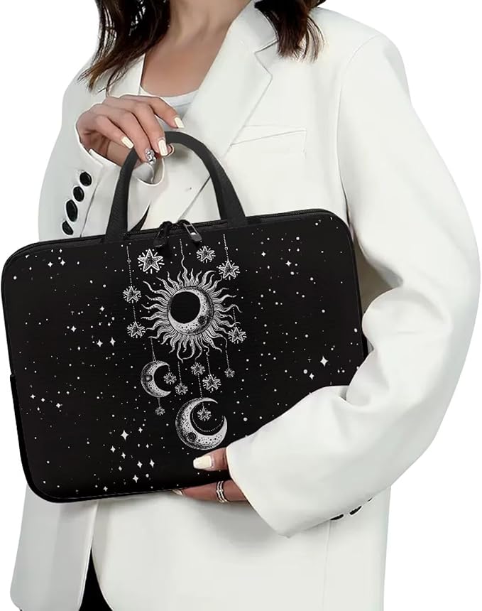 Sun Moon Stars Laptop Sleeve Case for Women Protective Soft Padded Zipper Cover Carrying Computer Bag Compatible with 12 Inch Notebook Chromebook Tablet, Galaxy Space, Black