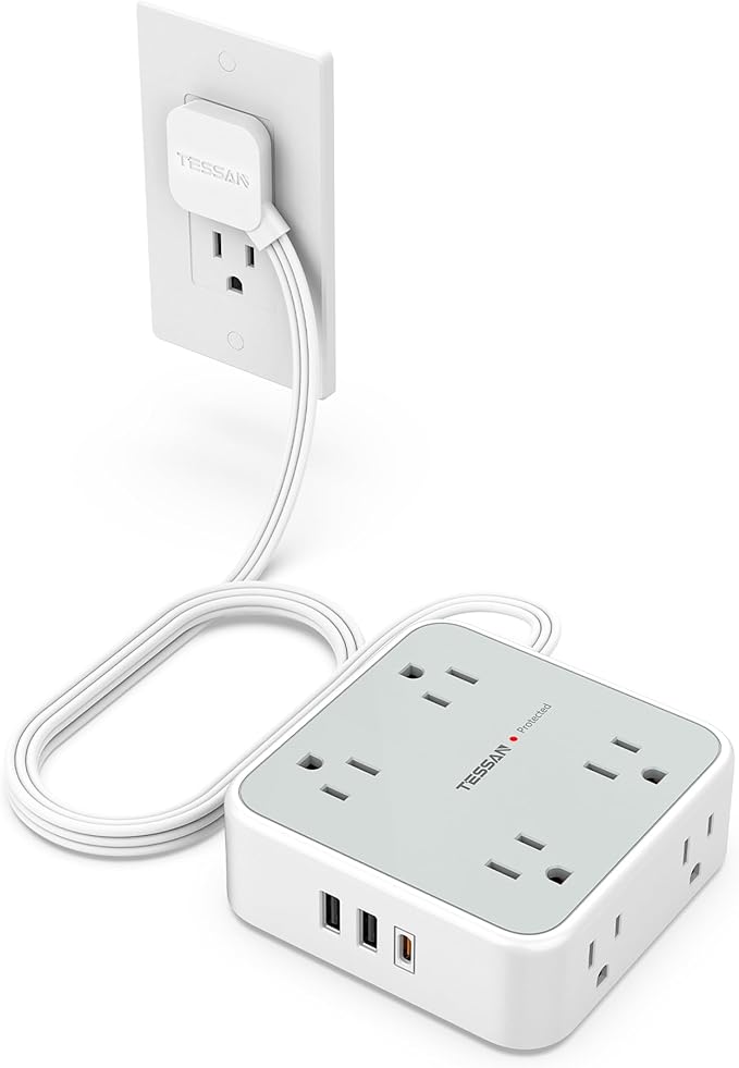 TESSAN Surge Protector Power Strip, 5 Ft Flat Plug Extension Cord with 3 USB (1 USB C 20W PD) 8 Outlets, 1250W, 900J Protection, 3 Sided Outlet Extender with Power Switch for Office, Dorm Room, Grey
