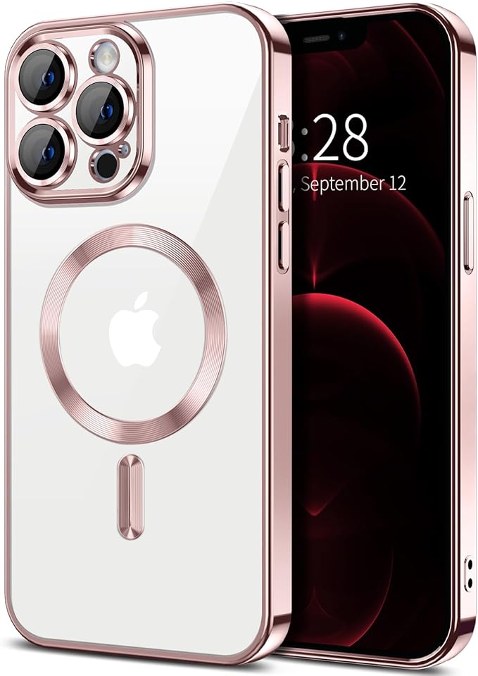 Hython Magnetic Clear for iPhone 12 Pro Max Case with Camera Lens Protector [Compatible with MagSafe] Plating Edge Slim Soft TPU Cover Protective Phone Case for iPhone 12 Pro Max 6.7", Pink