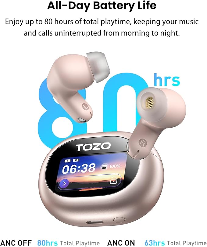 TOZO NC20 Pro Active Noise Cancelling Wireless Earbuds with Smart Touch Screen, LDAC Hi-Res Audio, Stereo Bass, 6 Mics AI Call Ear Buds, 80H Playtime, IPX8 Waterproof, 32 EQ via App, Wireless Charging