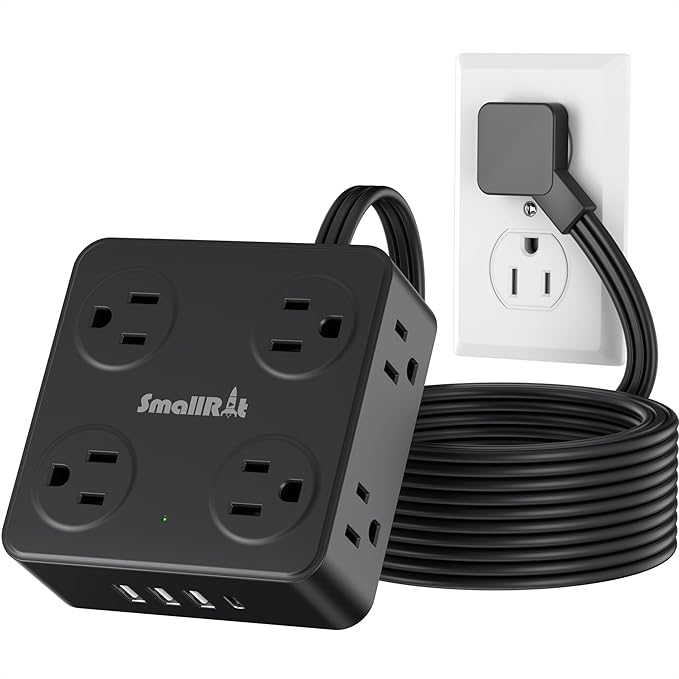 Flat Plug Power Strip with USB C, 6.5FT Flat Extension Cord - 8 AC Outlets and 4 USB(1 USB C), Power Strip with Surge Protector, Wall Mount Charging Station Office Home (Black, 15 FT)