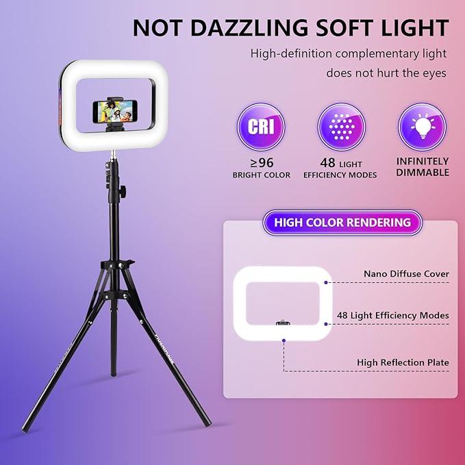 Rechargeable Portable RGB Ring Light for Phone, LED Smartphone Light, Phone Video Stabilizer, RGB Square Ring Light for Photography, Video Recording, Live Stream