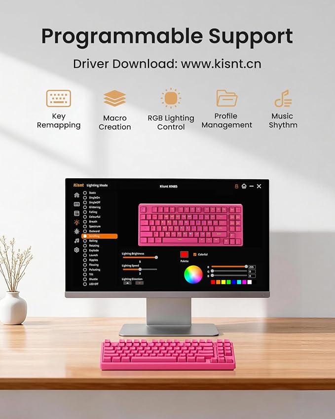 Kisnt KN85 Wireless Mechanical Keyboard, 75% Layout with RGB Backlit, Bluetooth/2.4GHz/USB-C, Custom Hot Swappable Silent Switches, Quiet Typing for Windows/Mac/PC (Berry Red)