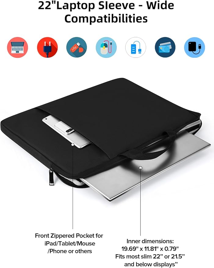 UPERFECT 22-Inch Laptop Sleeve for Slim Monitors/Laptops Up to 21.5” – Waterproof, Shockproof Bag with Side Pockets & Handle – Not Compatible with Wide-Bezel Devices