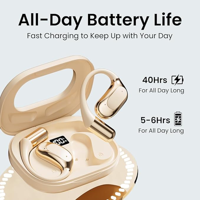 Open Ear Earbuds, Bluetooth Headphones 5.4 Sports with Smart Digital Display, 40H Playtime, Clear Calls,IPx4 Waterproof, Wireless Over Ear Buds Lightweight Design Fit Cycling, Running, Workout(beige)