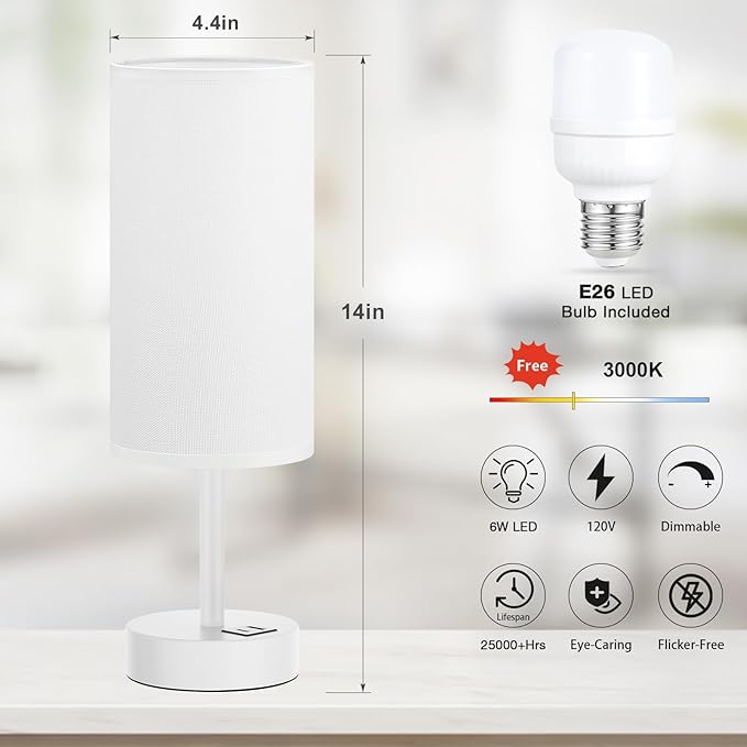 Dicoool White Touch Bedside Lamp for Bedroom - 3 Way Dimmable Table Lamp with USB, Nightstand Lamp with White Charging Station for Desk Dorm, Girl Kids Room, Small
