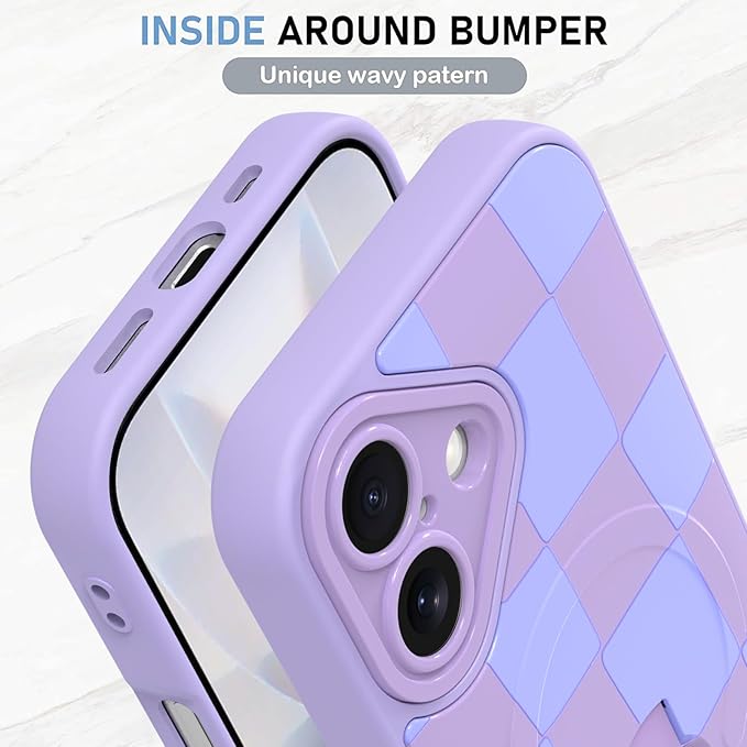 KANGHAR Compatible with iPhone 17 Case, Support for MagSafe, Silicone Checkered Cute Pattern, Wristband Kickstand Camera Protection Soft Slim Cover for Girls Women -Purple