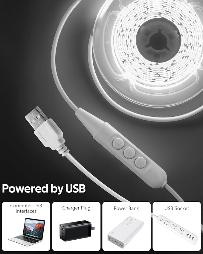 Aclorol 5V COB LED Strip Light USB Powered 6000K 9.84FT/3M 960LEDs Dimmable LED Flexible Light Strip with Dimmer 8mm Width Doltless LED Tape Light for TV Backlights 3D Printer Kitchen Mirror Wardrobe