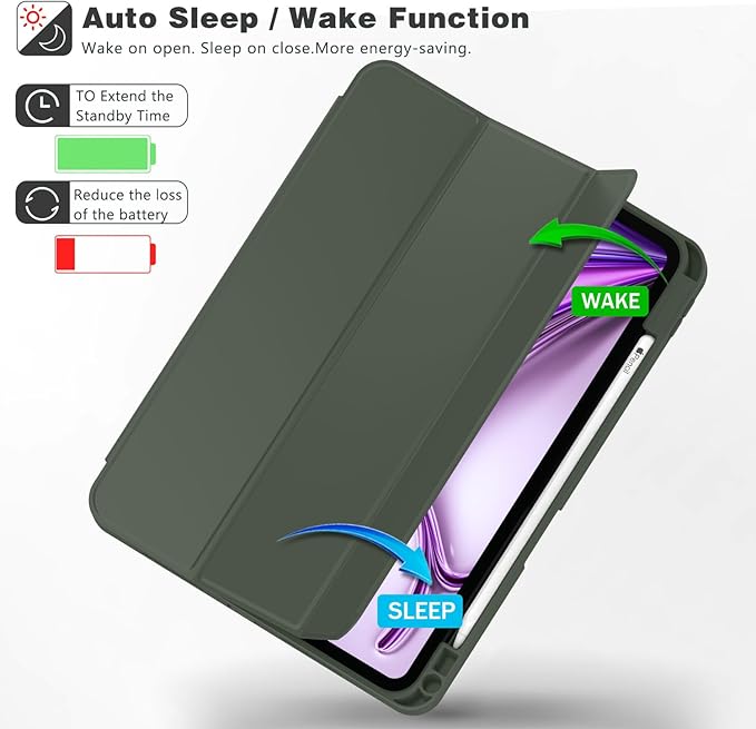 ZryXal New iPad Air 13 Inch Case M3 2025/M2 2024 with Pencil Holder, Trifold Stand Smart Case with Soft TPU Back,Auto Wake/Sleep(Dark Green)