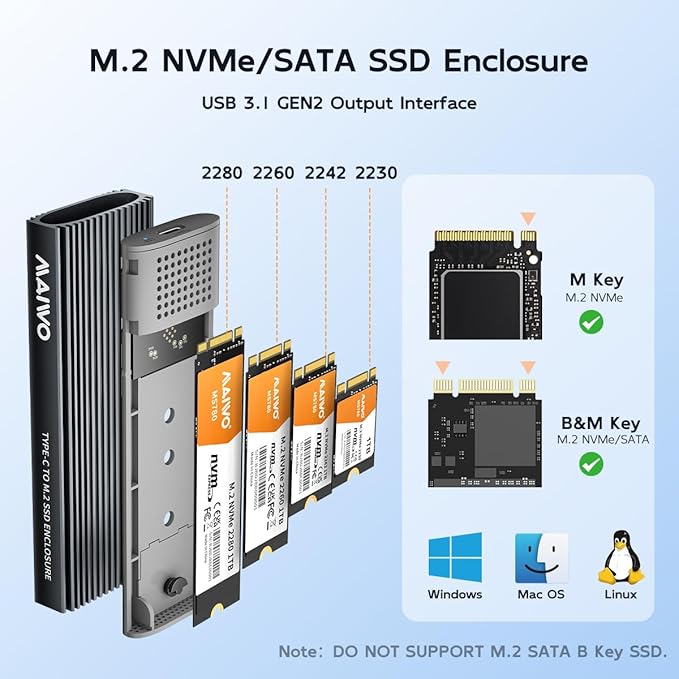 MAIWO M.2 NVMe SATA SSD Enclosure, USB 3.1 GEN2 10Gbps with UASP Trim, Up to 8TB, Tool Free PCIe NVMe NGFF SATA SSD Reader Case for 2230/2242/2260/2280mm M Key B+M Key
